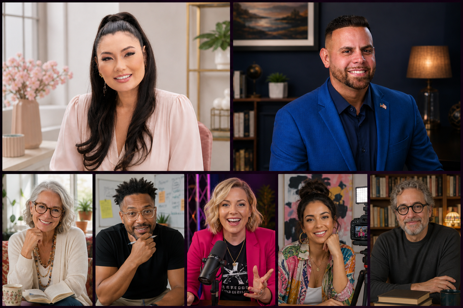 Kandy Robertson and Carlos A. Vazquez co-hosting a live virtual conference with five coaches, consultants, speakers, creators, and educators joining from distinct locations
